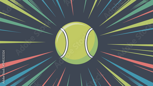 A vibrant illustration of a tennis ball surrounded by colorful speed lines on a dark background