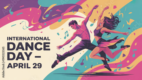 Man and woman dancing together on international dance day colorful abstract background with confetti and music notes