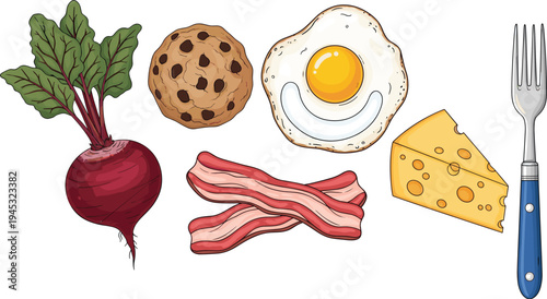 breakfast food ingredients vector set, fried egg bacon cheese cookie beetroot fork illustration, healthy meal cooking elements isolated