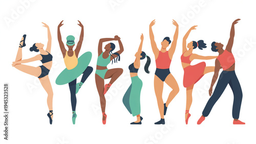 Diverse group of people dancing in various poses showcasing different dance styles and movements with colorful outfits on white background