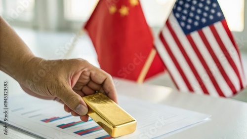 A hand holds a gold bar over financial charts with the Chinese and American flags blurred in the background, symbolizing international trade and economic relations.