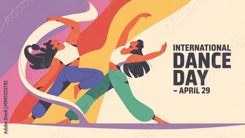 International dance day celebration with three dancers in colorful abstract background on april 29