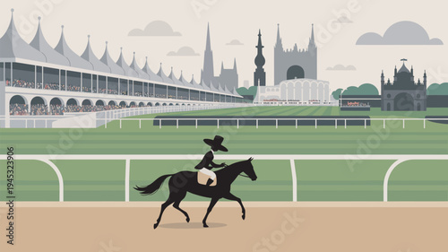 A cowboy rides a horse on a racetrack with a grandstand and cathedral in the background.