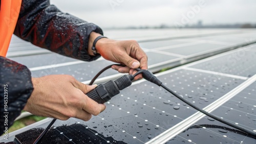 Hands of a technician repairing or installing cables on a wet solar panel outdoors in cloudy weather.