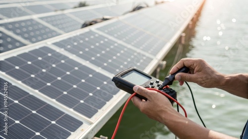 Hands using a multimeter to test or measure the electrical output of solar panels installed outdoors near water.