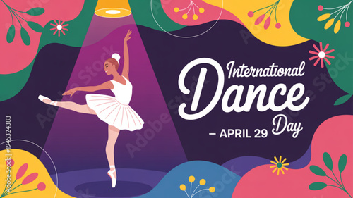 Ballerina dancing on stage international dance day april 29 colorful floral background