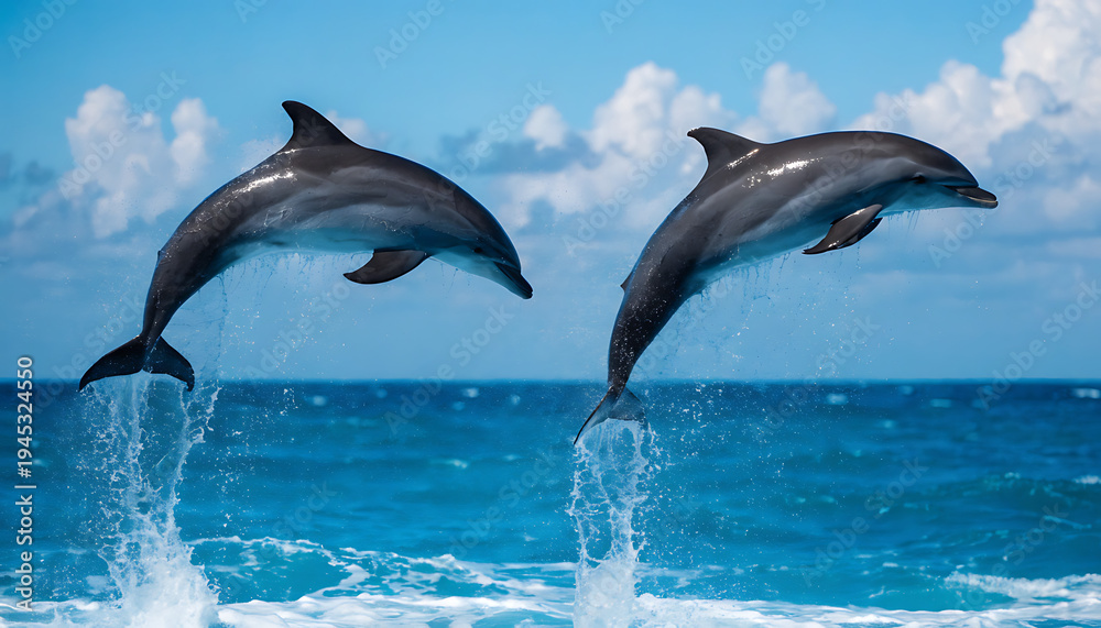 Fototapeta premium Two Majestic Dolphins Leaping Synchronously Over Ocean Waves at Sunset