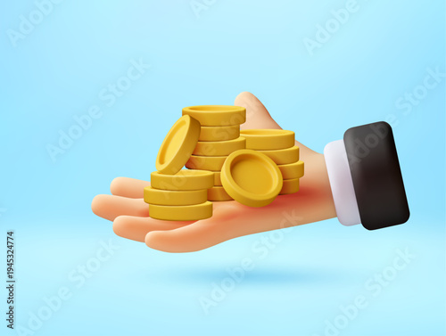 3d cartoon hand of businessman holding stack of golden coins. Financial savings and investment concept. Digital illustration of money profit, banking, growth and wealth management. Vector illustration