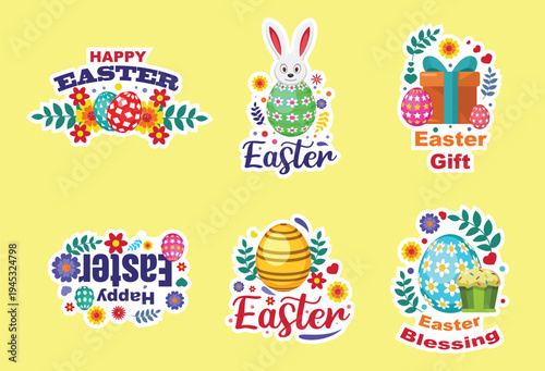 Colorful easter decorations and greetings arranged in sticker designs