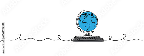 Globe placed on keyboard representing global online connectivity. no editable stroke