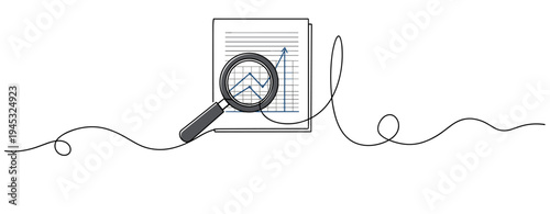 Magnifying glass inspecting upward graph on financial report. no editable stroke