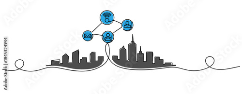 City skyline linked to communication icons over white background. no editable stroke