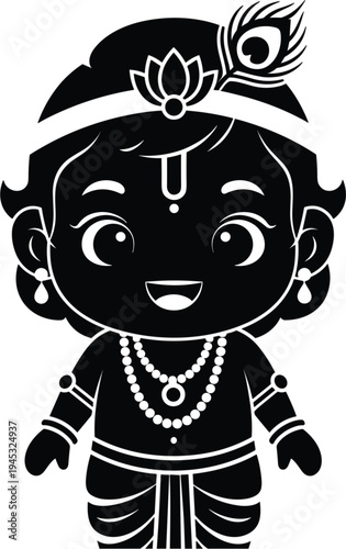 cute baby krishna silhouette illustration, hindu god krishna icon, indian mythology character design, traditional religious symbol, krishna janmashtami graphic, devotional artwork