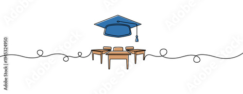 Graduation cap hovering above desks in classroom setting. no editable stroke