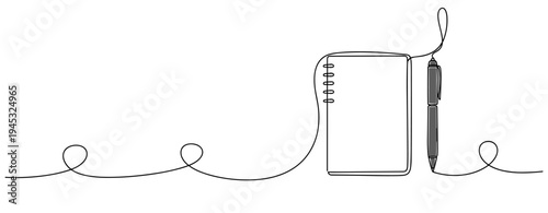 Spiral notebook and pen resting on white background line. no editable stroke