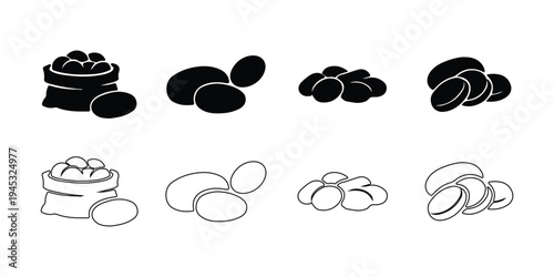 Potato icon set with sack pile and sliced styles silhouette and outline