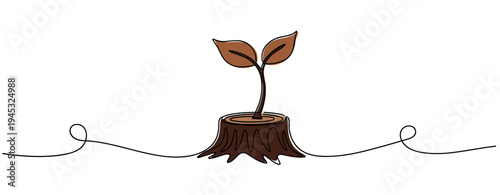 Seedling sprouting from tree stump in simple white setting. no editable stroke