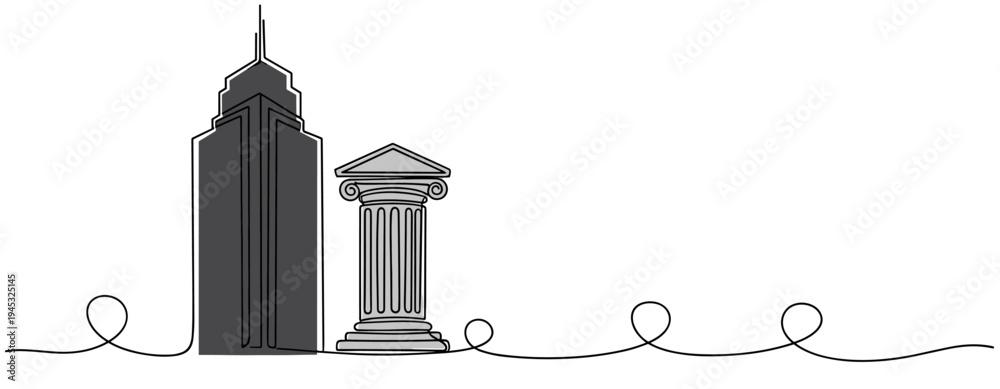 Naklejka premium Skyscraper beside classical column with continuous line. no editable stroke