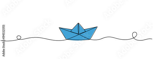 Paper boat floating gently on continuous line ocean surface. no editable stroke