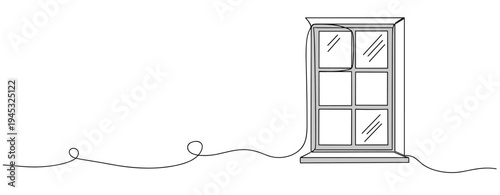 Window frame connected by cable on white continuous line background. no editable stroke