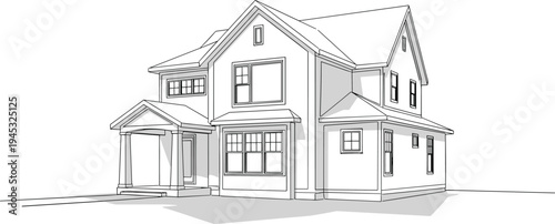 Hand drawn line art illustration of a modern suburban house, architectural sketch of a two story family home, real estate.