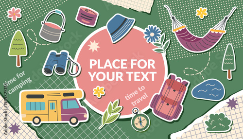 Camping collage banner with travel objects in pop art style2. The concept of travel, camping, hiking and outdoor recreation. Vector flat template.