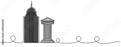 Skyscraper beside classical column with continuous line. no editable stroke