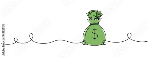 Money bag resting on continuous line white background. no editable stroke