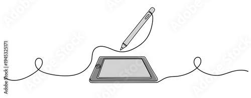 Digital tablet with stylus poised for drawing on white background. no editable stroke