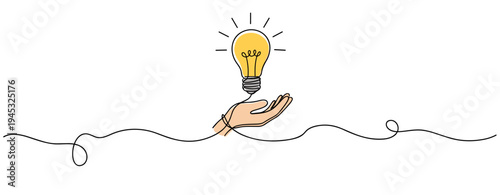 Hand holding light bulb above continuous line background. no editable stroke