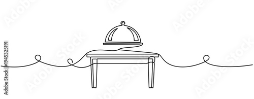 Serving dome cloche on dining table with minimal line art. no editable stroke
