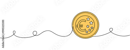 Euro coin displayed on continuous line with decorative swirls. no editable stroke