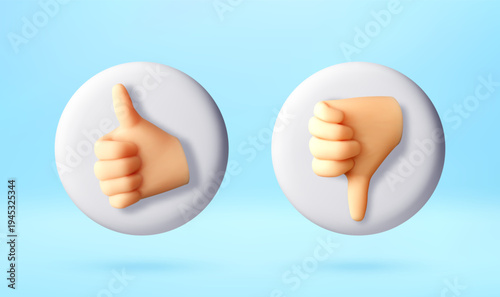 3d illustration of thumb up and thumb down hand gestures on round badges. Icon set for social media rating, positive or negative evaluation and feedback analysis concept. Vector illustration