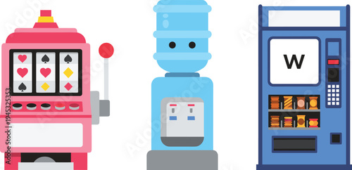 slot machine water dispenser vending machine vector set, arcade gambling drink dispenser snack vendor equipment flat illustration isolated