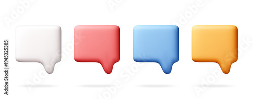 Set of 3D speech bubbles in various colors. Digital chat icons for communication and messaging interface. Modern glossy graphic elements for social media. Vector illustration