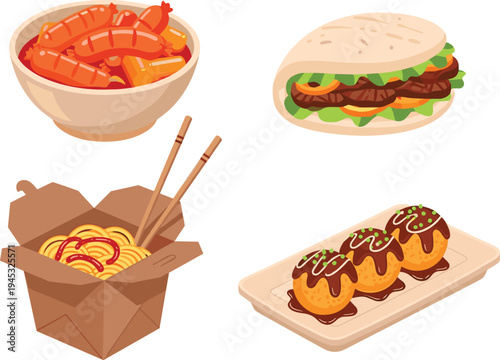 street food dishes vector set, ramen bowl pita sandwich noodles takeout box chocolate dessert balls, international fast food illustration