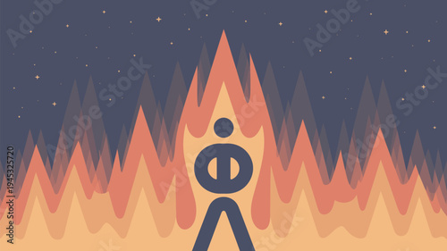 A stick figure engulfed in flames under a starry night sky with a dark blue background.