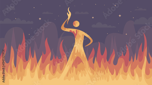 A vibrant illustration of a person engulfed in flames, standing against a starry night sky with mountains in the background.