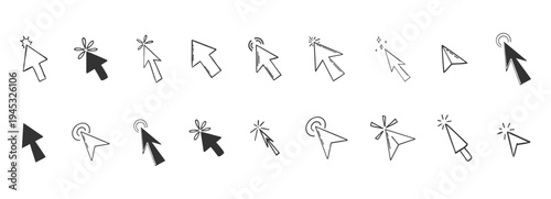 Arrow click icon. Mouse cursor arrow doodle hand drawn sketch icon set, pointer press here tap button. Scribble action type ui interface design element 