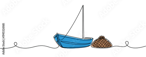 Blue boat anchored beside fishing net on white background