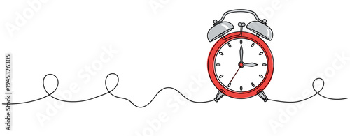 Red alarm clock showing time on white continuous line background