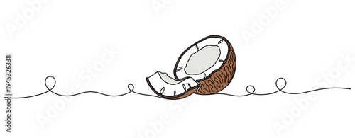 Broken coconut halves with exposed white flesh on line