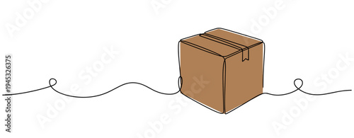Cardboard box resting on continuous line white background