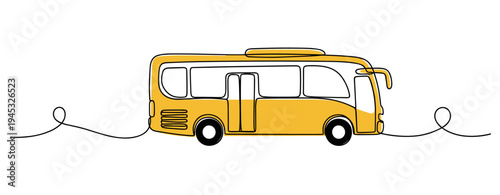 Yellow bus parked on continuous line road in urban scene