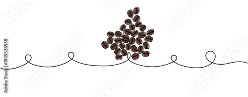 Coffee beans clustered on continuous line in white space