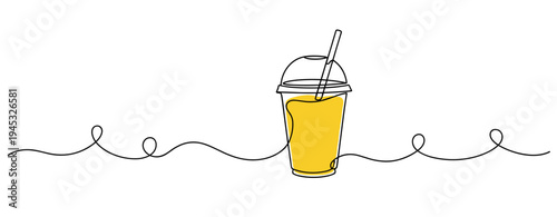 Plastic cup with straw holding juice on continuous line background