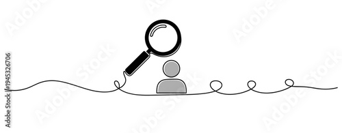 Magnifying glass inspecting person icon above continuous line