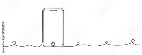 Smartphone upright on surface in minimal line art on white background