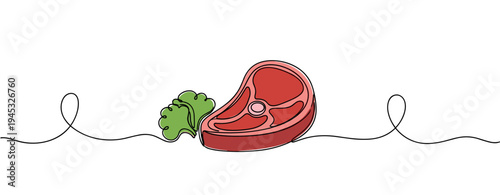 Raw steak with herb garnish on continuous line background