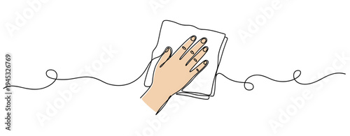 Hand wiping cloth on flat surface continuous line drawing